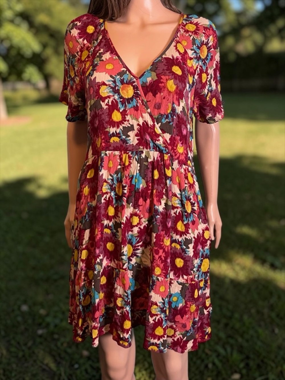 Bobeau Floral Faux Wrap Dress S Boho Pockets Flowy Rayon - Picture 5 of 8